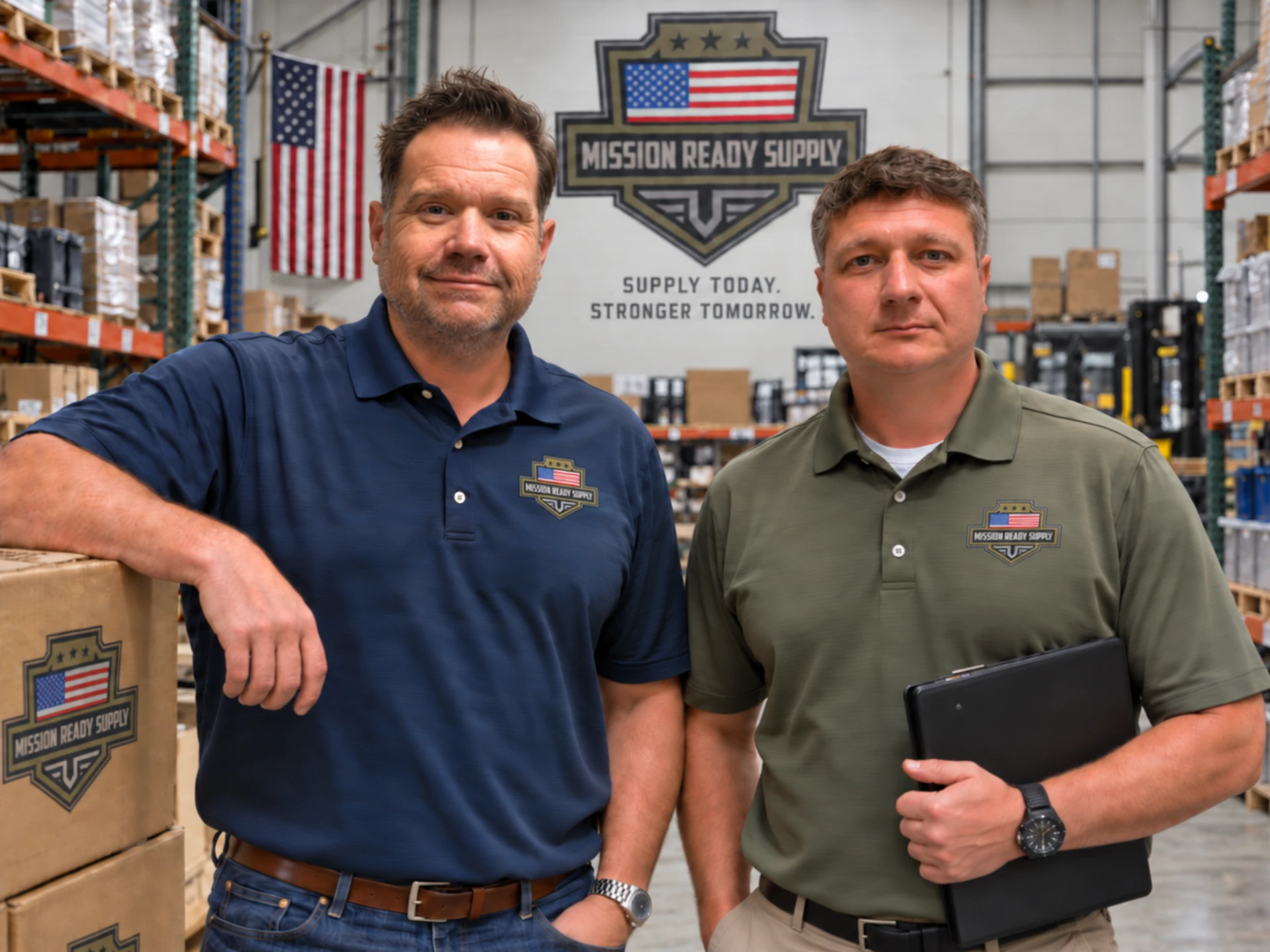 Josh Adams, left, and Casey Anderson, right, in a supply warehouse setting.